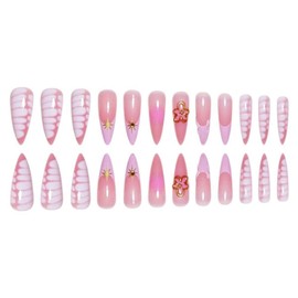 Pink Press on Nails Long Almond Fake Nails with Gold Flower Charm Design French Tips Ombre False Nails Glossy Crocodile Stick on Nails Summer Star Handmade Nails for Women Girls Manicure 24Pcs
