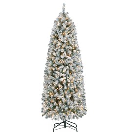 Topeakmart 6ft Pencil Christmas Tree Prelit Artificial Snow Flocked Slim Skinny Xmas Tree with Warm White Lights Holiday Decoration for Home, Office, Party