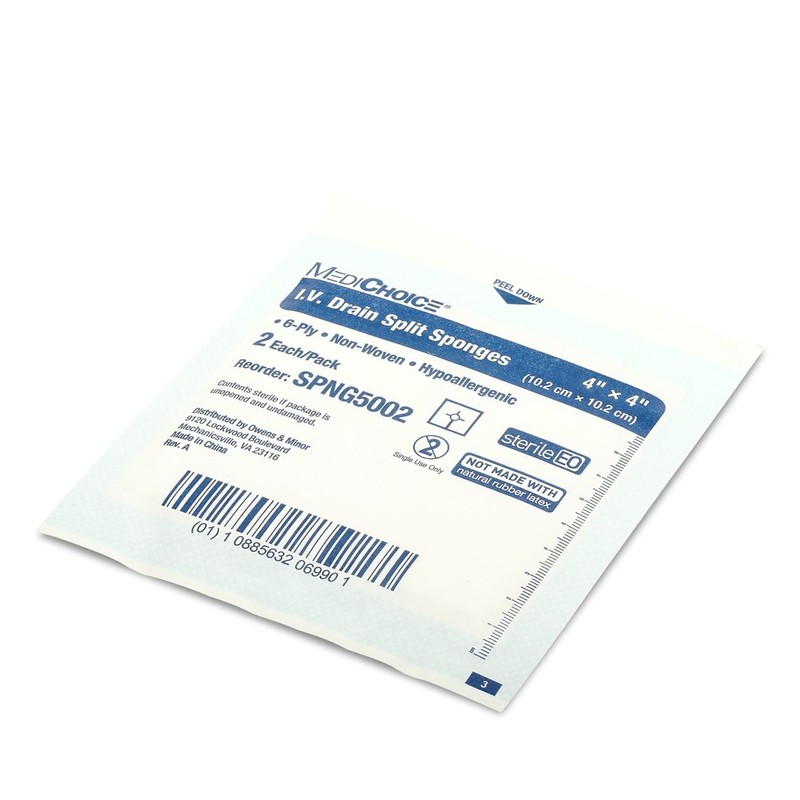 MediChoice IV Drain Split Sponge, Non-Woven, Sterile, Hypoallergenic, 4x4 Inch,