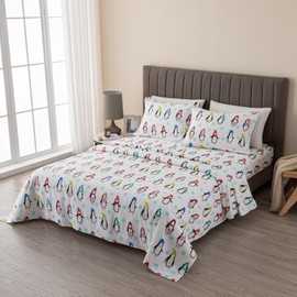 Great Bay Home Flannel Sheet Set Queen Size - 100% Turkish Cotton, Double-Brushed, Winter Bed Sheets - Ultra-Soft, Cozy, 4-Piece Rustic Bedding Set (Penguins)