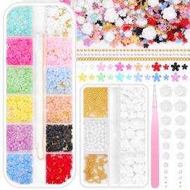 2 Boxes 3D Flower Nail Charms, Tiny Flowers Nail Art Charm White Camellia Flower for Nails, Spring Flowers Gold Caviar Beads Charms for Acrylic Nail Art DIY Supplies with Pickup Tool