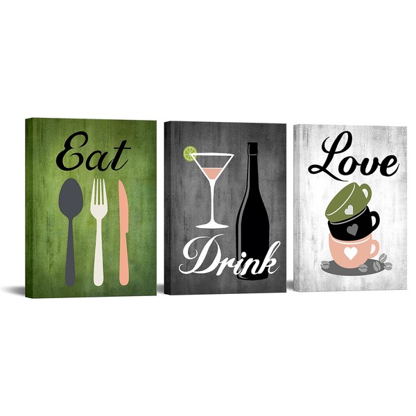 Canvas Set of 3 Green and Grey Modern Kitchen and