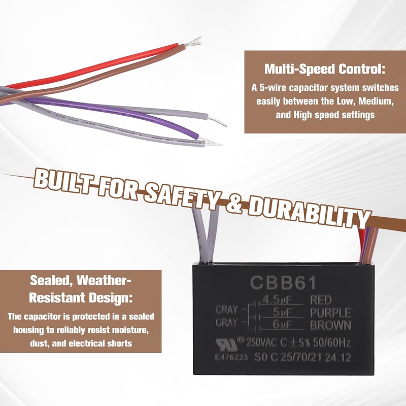 Podoy Ceiling Fan Capacitor CBB61 5 Wire for Compatible with