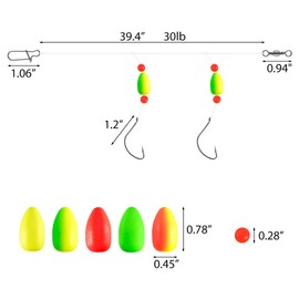 Alwonder 5-Pack Pompano Rigs Surf Fishing Rigs with Snell Floats Saltwater Live Bait Rig, Swivels Duo Lock Snaps Circle Wide Gap Kahle Hooks Rig for Beach Surf Casting Pier Jetty Fishing Red&Yellow