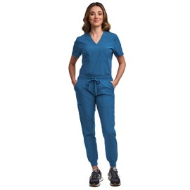 Green Town - Conjunto de exfoliantes para mujer, pantalón deportivo y playera con cuello en V, 5 bolsillos, cintura de yoga, uniforme de lactancia, Caribe, S