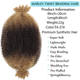 8 Packs Springy Afro Twist Hair T4/27 Marley Twist Braiding Hair 8 Inch Kinky Twist Short Faux Locs Wrapping Hair for Soft Locs Passion Hair Extensions