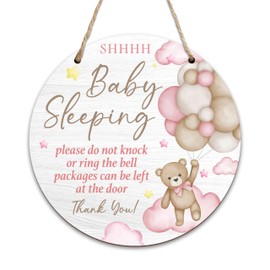 Baby Sleeping Sign For Front Door, Pink Bear Do Not Knock Or Ring Doorbell Hanging Sign For Home, No Soliciting Door Signs Gifts For New Parents, Do Not Disturb Signs Decor For Baby Room Nursery -03