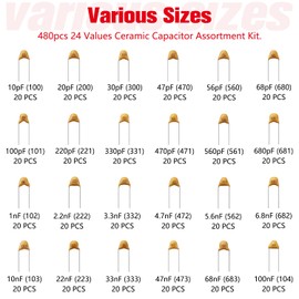 YIXISI 480 Pieces 24 Values 10pF-100nF 50V Ceramic Capacitor Assortment Kit, Multilayer Monolithic Ceramic Chip Capacitor, Ceramic Capacitor
