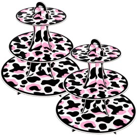 Whaline 2Pcs Pink Black Cow Print Cupcake Stands 3 Tier Farm Animal Round Cardboard Cupcake Holder Cow Party Cupcake Tray for Cow Themed Party Birthday Party Baby Shower Decorations