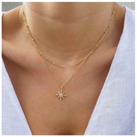 Cimenexe Bohemian Layered Crystal Star Choker Necklace Gold Starburst Necklace Cz Sunburst Pendant Necklace Station Bead Chain Necklace Jewelry for Women and Girls Gifts