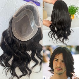 Hombres Tupé de cabello humano ondulado suelto for hombre, 30,5 cm x 25,4, monofilamento con encaje superior poliuretano alrededor la base, prótesis capilar masculina Postizo