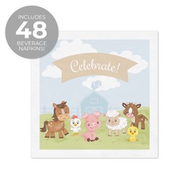 Barnyard Celebrate Beverage Napkins / 48 Farm Animal Cocktail 3 Ply Napkins / 4 3/4" x 4 3/4" Country Baby Shower Birthday Party Supplies/Made In The USA
