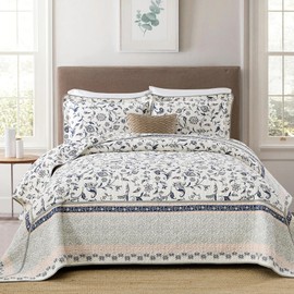 QuiltMuse King Bedspreads Oversized 120"x120" - 100% Cotton Ultra Soft Farmhouse Patchwork Oversized King Quilt with 2 Pillow Shams, Reversible Vintage Bedding Coverlet 3 Pieces, Navy/Pink/White
