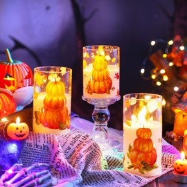 VIHOSE 3 Pcs Hello Fall Flameless Candles Thanksgiving Pumpkin Battery Operated Pillar Candles with 6 Hour Timer LED Candles with Remote for Night Festival Gift Decor(Pumpkin)