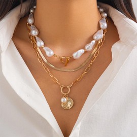 Pearl Necklaces for Women Layered Necklace Trendy Chunky Gold Necklace Paperclip Chain Necklace Charm Necklace Jewelry Gift