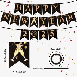 Glitter New Year Banner 2025, Black Golden Happy New Year Banner 2025 Happy New Year Sign Decor Hanging Decoration for New Year's Eve Party Supplies for Home Holiday Photo Props Backdrop