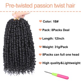 Mscat 8 Packs 12 Inch Pre-twisted Passion Twist Crochet Hair Natural Black Pre-looped Crochet Braids Hair Extension (8packs, 1B#)