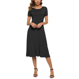 EXCHIC Women's Short Sleeve Round Neck Waisted Slim Summer Midi Dress (XL, Black)