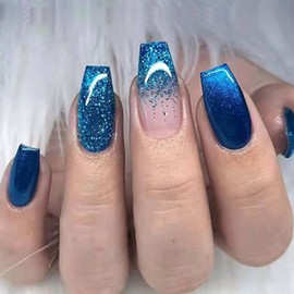 MERVF Coffin Press on Nails Medium Fake Nails Blue Ombre French Tip Glue ons Glitter Acrylic 24pcs Glossy Ballerina False Nail