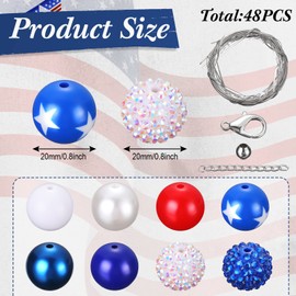 Sintuff 48 Pcs Independence Day Bubblegum Beads 20 mm Bulk 4th of July Patriotic Beads Acrylic Plastic Beads Spacer Gumball Loose Beads for Independence Day DIY Bracelet Pendant Necklace Decor