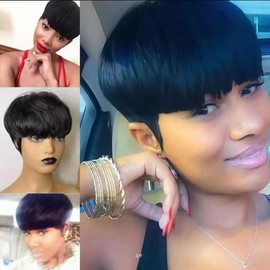 HOTKIS Short Pixie Cut Human Hair Wigs for Black Women Short Wigs Human Hair Natural Look Non-Lace Pre Styled Wig Short Bob Wigs Natural Black Color
