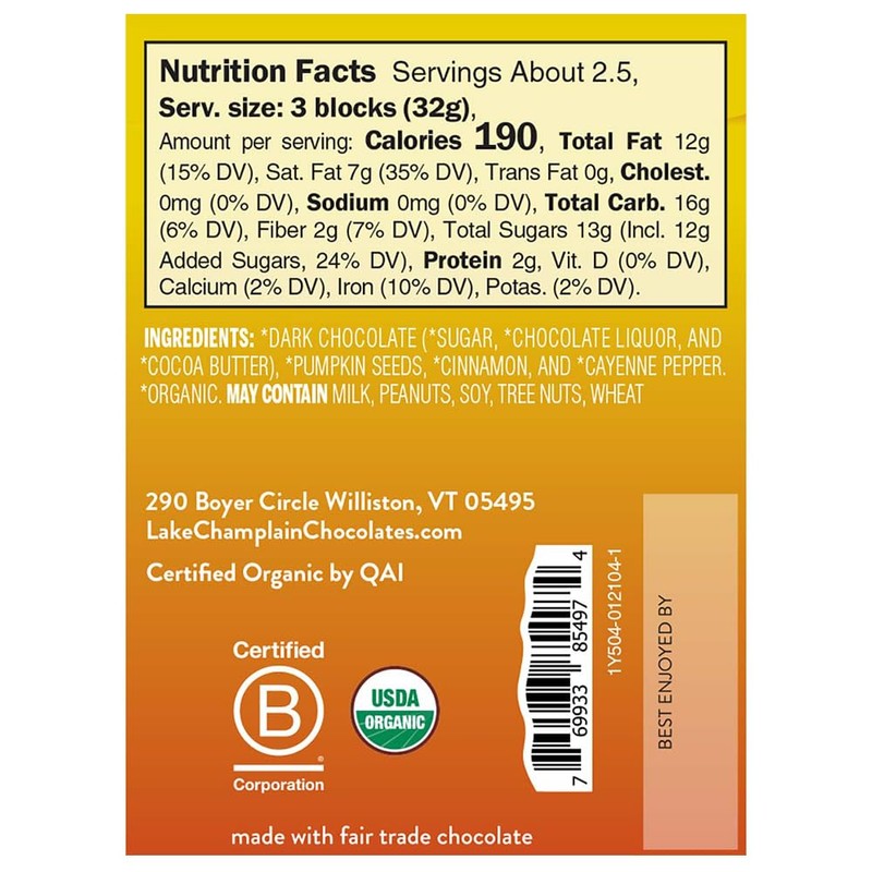 LAKE CHAMPLAIN CHOCOLATES Organic Spicy Aztec Dark Chocolate Bar 57%,