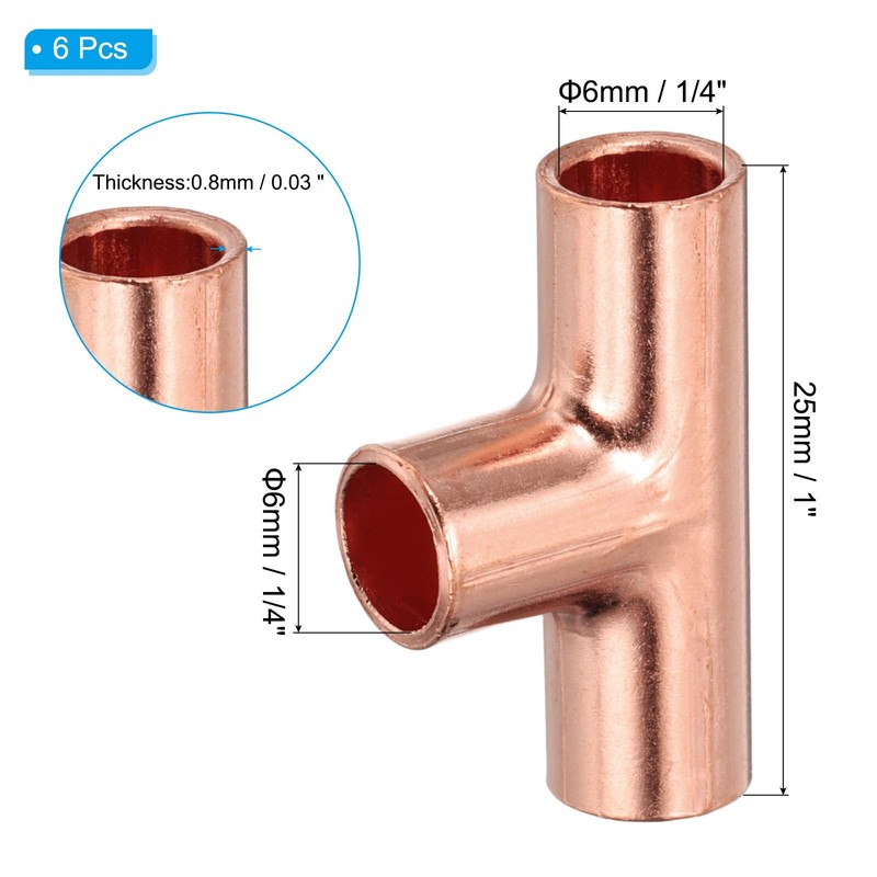 PATIKIL 1/4" (6mm) ID 0.8mm Thick Tee Copper Fitting, 6Pcs