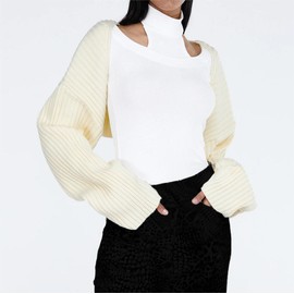 LOFAAC Women Y2K Open Front Rib Knit Shrug Crop Cardigan Solid Drop Shoulder Puff Long Sleeve Sweater Tops Outerwear(L,Light tan)
