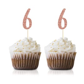 Rose Gold 6th Birthday Cupcake Topper, 24-Pack Number 6 Glitter Happy Birthday Party Cupcake Toppers, Decorations