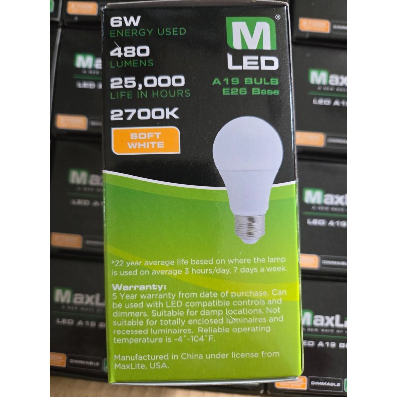 MAXLITE 6A19DLED27/G5 Dimmable LED OMNI A19 Gen 5 6W 2700K-Case