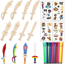 MOAZIFI Pirate Decoration Children's Birthday, Wooden Sword Children's Craft Set with 12 Wooden Swords and 12 Colouring Pencils, Pirate Children's Birthday DIY, Creative Toy for 3-10 Years