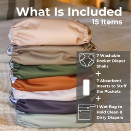 Nora's Nursery AWJ Cloth Diapers 7 Pack with 1 Wet Bag - Waterproof Cover, Washable, Reusable & One Size Adjustable Pocket Diapers for Newborns and Toddlers - Down to Earth