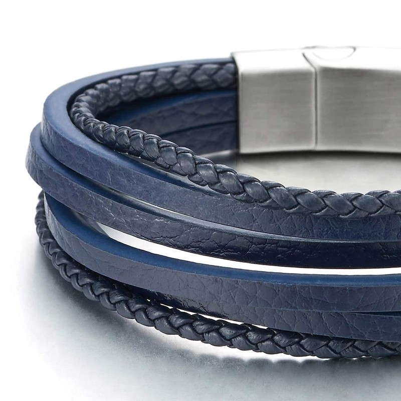 COOLSTEELANDBEYOND Mens Womens Multi-Strand Navy Blue Braided Leather Bracelet Wristband
