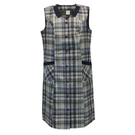 Schuerzenfabrik Button Gown Women's Mixed Fabric Checked Apron Sleeveless Cooking Apron Smock Apron, Design 9
