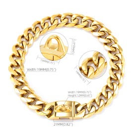 CaptainSteeL Stainless Steel Cuban Dog Collar, 19mm Wide Medium/Large Dog Neck Chain - Length 15/16/18/20/22/24/26 inch, Gold Plated/Stainless Steel Heavy Duty Dog Collar