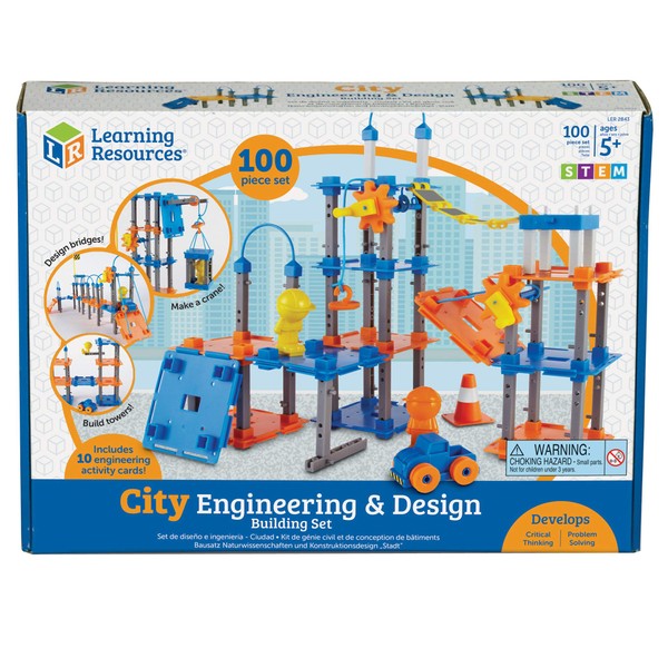 Learning Resources City Engineering and Design Building Set, Engineer STEM Toy, 100 Pieces, Ages 5+,Multi-color