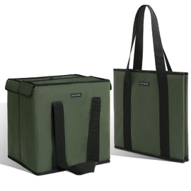 HATHOR Insulated Grocery Bags Foldable Reusable, Stackable Insulated Tote Bags for Keeping Cold and Hot, Holds up to 30 lbs (2pack) Natural Stem-Like Green