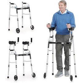 OasisSpace Folding Walker - Standard Walker with 5’’ Wheels, Removable Padded Armrests 300lbs, Platform Walker with Arm Support for Senior, Handicap & Disabled