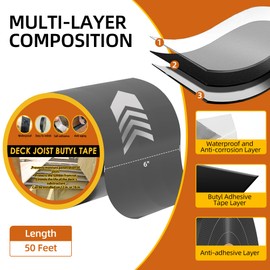 JOAPRIL Deck Joist Tape, 6" x 50' 2pack Butyl Tape for Deck Joists, Waterproof and Weather Resistant Self-Adhesive Joist Tape for Wood Beams and Joists, Anti-Corrosion Decking Tape