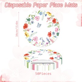 Paper Placemats Disposable 50 Pack Spring Flowers Place Mats 13.4 Inch Round Decorative Butterfly Wildflower Table Mats for Spring Birthday Bridal Wedding Party Supplies
