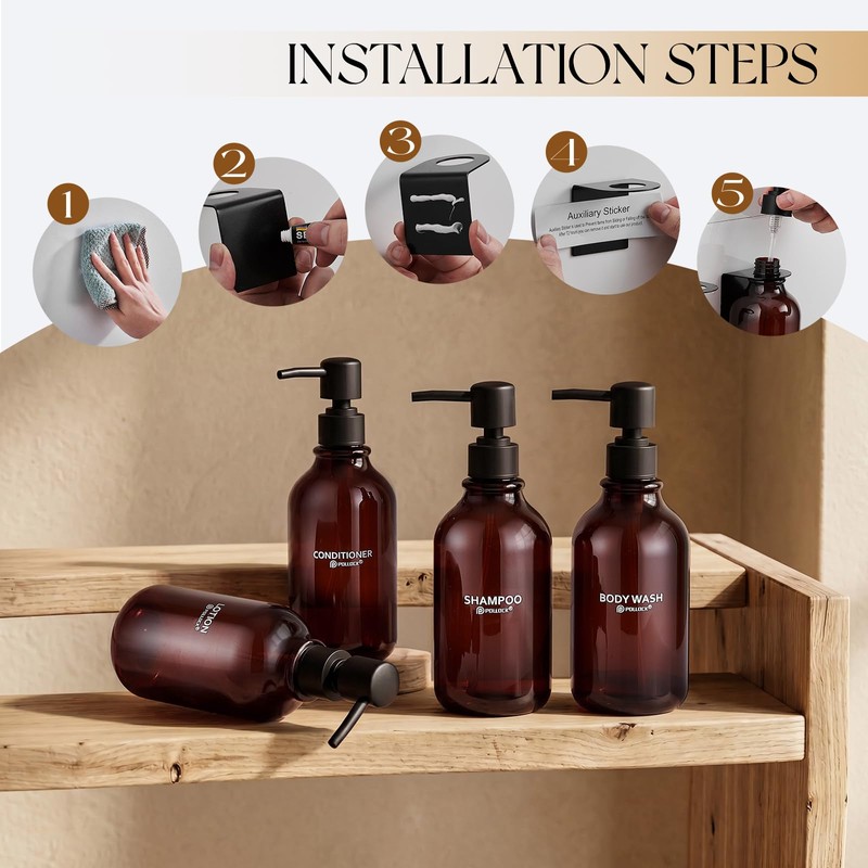 Pollock Shampoo and Conditioner Dispenser No Drill,Brown Set of 3