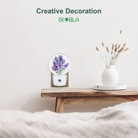 EKOBLA Plug in Lavender Night Light Hope Flowers Purple Blossoming Floral Bouquet Night Lights Plug into Wall Dusk to Dawn Sensor Home LED Wall Decor Round Lamp for Men Women