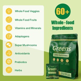 Greens Daily Gummies, Superfood Fruits and Veggies Blend with Spirulina, Chlorella, Prebiotics & Fiber, Adaptogens Multivitamin Supplement for Women & Men Digestive Health, 240 Count