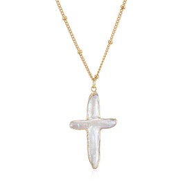 Iutymu Women Nature Pearl Cross Necklace Cross Pearl Necklace Freshwater Pearl Cross Gold Necklace Freshwater Pearl Cross Pendant Necklace (Gold)