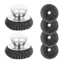 6Pcs Steel Wool Scrubber, Stainless Steel Scrubber with Handle for Cleaning Kitchen and Household Stubborn Messes from Stoves Pans Pots Grill Sink with Replacement Wire Brush Set (2 Pcs+4 Replacement)