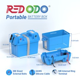 Redodo Portable Battery Box, Group 24-27 12V battery box, Max. 60A Current, Built-in volt-meter, DC Outlets and Cig Sockets, PP Case, and waterproof for RV, Marine, Camping, and Trolling Motor.