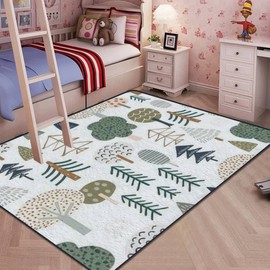 Soft Kids Play Area Rugs 3D Home Woodland Seamless Trendy Forest Texture Abstract Hand Drawn Tree Plush Rugs Non Slip Shaggy Carpets for Kids' Bedroom Classroom Playroom Nursery Décor