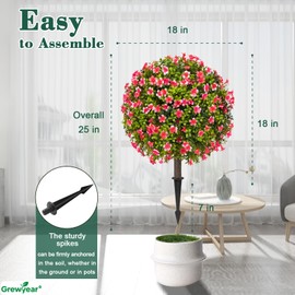 Grewyear Artificial Plants Outdoor Boxwood Topiary Ball Trees with Flower Set of 2, UV Resistant Outdoor Faux Plants with Spike, Fake Round Flower Shrub Bushes for Front Porch, Patio (Pink Lilac)