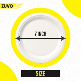 Zuvo Disposable Plates 50 Pack - 100% Compostable White Paper Plates 7 Inch - Biodegradable Plates for Party, BBQ, Picnic Made with Bagasse Paper