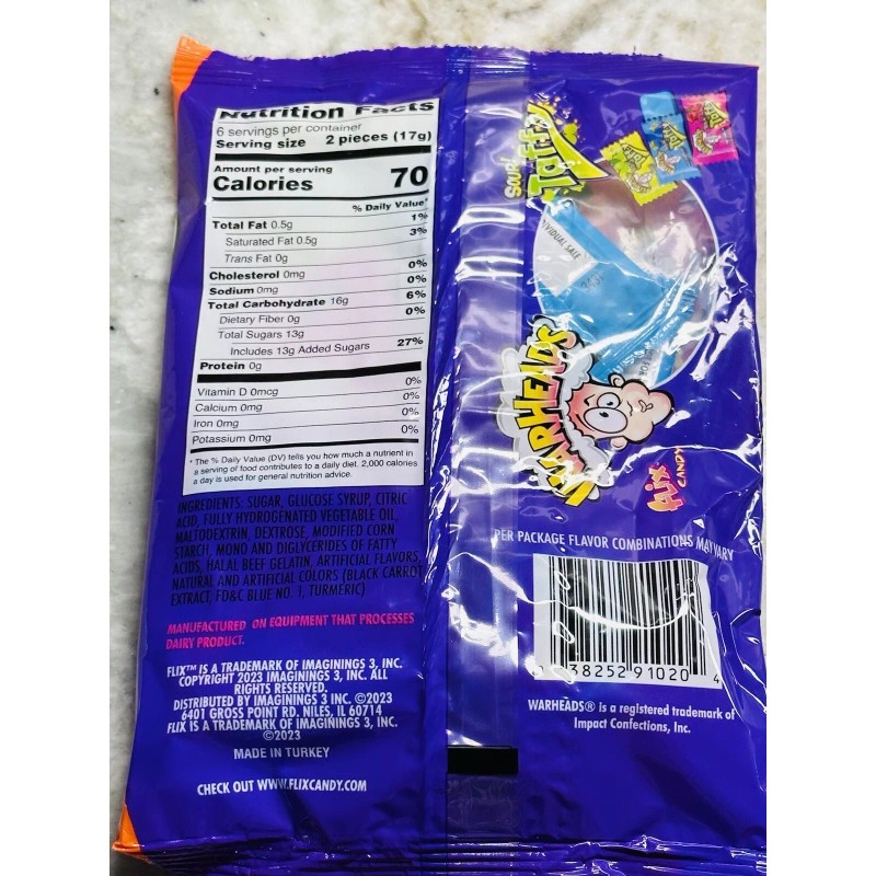 Warheads Sour Taffy Sweet Fruity Chewy Candy 3.59oz 12 Individual